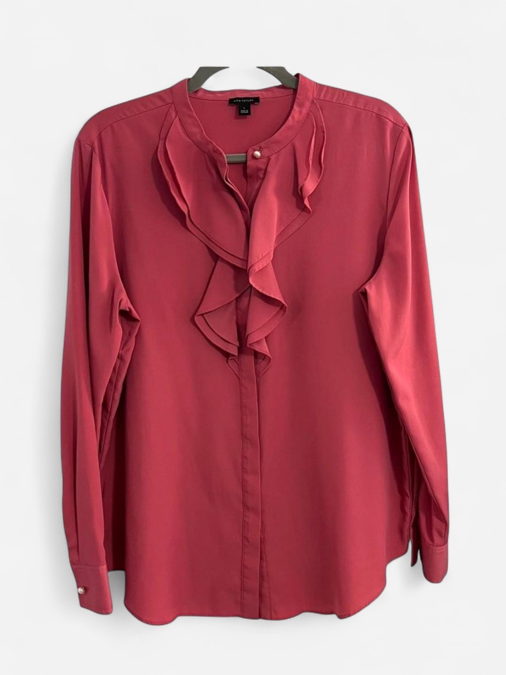 Ann Taylor Pink Ruffled Button Front Blouse with Pearl Details